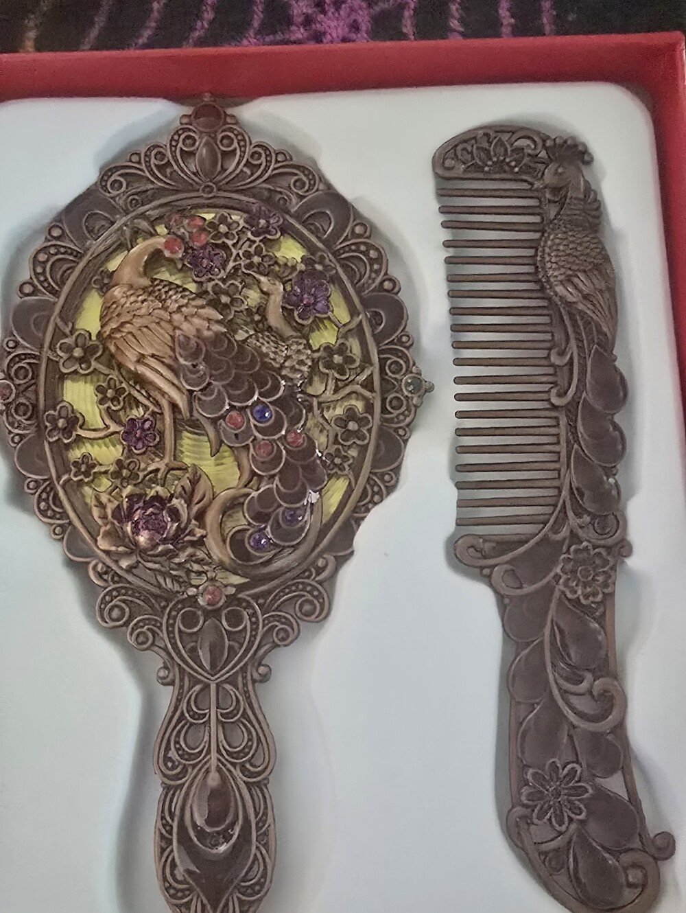 Vintage-Style Ornate Peacock Hand Mirror & Comb Set - Bronze